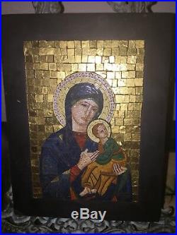 Antique Vatican Studios Italian Micro Mosaic Plaque Madonna And Child Religious