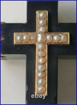 Antique Victorian 14k Gold Seed Pearl Jet Mourning Cross Pendant Brooch Estate