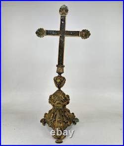 Antique Victorian 19th Century 27 Religious Church Altar Cross Hammered Brass
