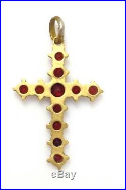 Antique Victorian Bohemian Rose Cut Garnet Gold Gilt Religious Cross Pendant