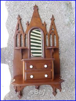 Antique Victorian Cathedral Religious Shape Walnut Wood Wall Shelf Hang Mirror