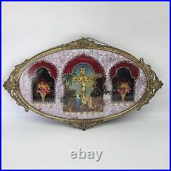 Antique Victorian Diorama Bubble Glass Religious Shrine Ornate Metal Frame 23