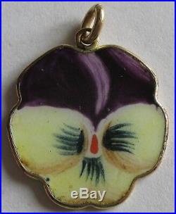 Antique Victorian Enamel Pansy Flower Charm Religious Virgin Mary Medal Gold Gf