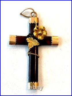 Antique Victorian Faux Tortoise Shell Religious Cross 14 K Gold Caps Flower Leaf