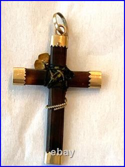 Antique Victorian Faux Tortoise Shell Religious Cross 14 K Gold Caps Flower Leaf Antique Victorian Faux Tortoise Shell Religious Cross 14 K Gold Caps Flower Leaf
