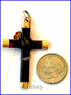 Antique Victorian Faux Tortoise Shell Religious Cross 14 K Gold Caps Flower Leaf