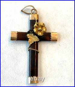 Antique Victorian Faux Tortoise Shell Religious Cross 14 K Gold Caps Flower Leaf