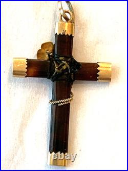 Antique Victorian Faux Tortoise Shell Religious Cross 14 K Gold Caps Flower Leaf