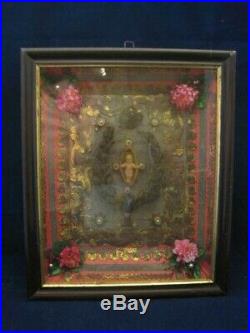 Antique Victorian German Religious Hair Art Wreath in Shadow Box Wax Baby Jesus