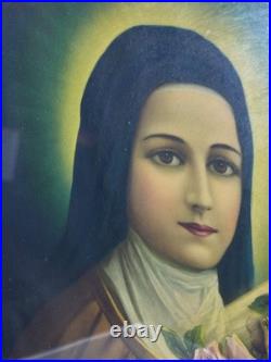 Antique Victorian Gesso Frame Print Religious St Theresa of Lisieux DAMAGED 22