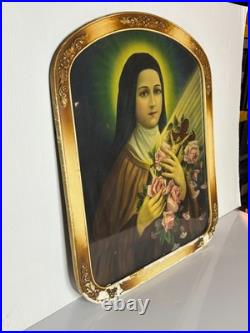 Antique Victorian Gesso Frame Print Religious St Theresa of Lisieux DAMAGED 22