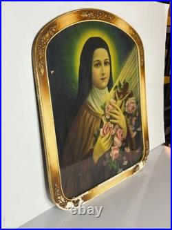 Antique Victorian Gesso Frame Print Religious St Theresa of Lisieux DAMAGED 22