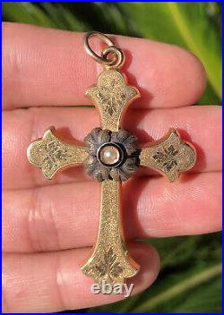 Antique Victorian Gold Filled GF Engraved & Seed Pearl Religious Cross Pendant