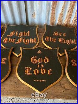 Antique Victorian Hand Painted Sign Wooden Shield God Is Love Religious Church