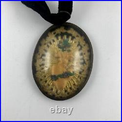 Antique Victorian Sacred Heart Ex Voto Embroidery Convex Glass Religious /b