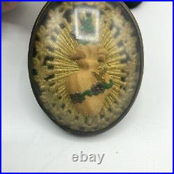 Antique Victorian Sacred Heart Ex Voto Embroidery Convex Glass Religious /b