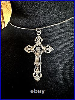 Antique Victorian Sterling Silver Religios Christian Holly Cross Crucifix Chain