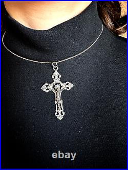 Antique Victorian Sterling Silver Religios Christian Holly Cross Crucifix Chain