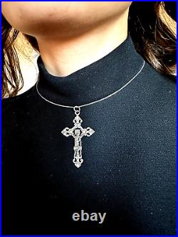 Antique Victorian Sterling Silver Religios Christian Holly Cross Crucifix Chain