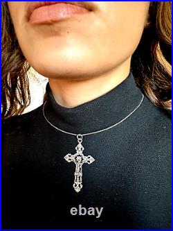 Antique Victorian Sterling Silver Religios Christian Holly Cross Crucifix Chain