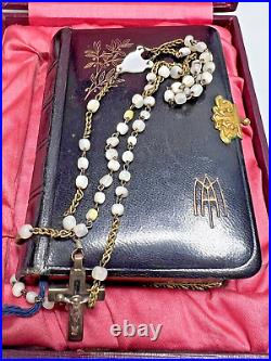 Antique Vienna Catholic Religious Prayer Book Hardcover Leather MOP Rosary Beads