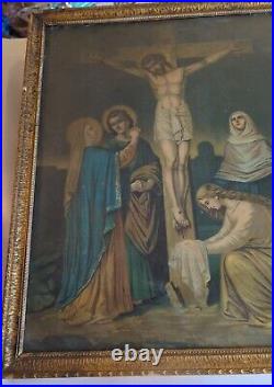 Antique Vintage Framed Religious Print Picture Jesus Christ On Cross Pretty