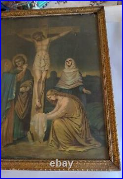 Antique Vintage Framed Religious Print Picture Jesus Christ On Cross Pretty
