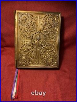 Antique Vintage Gold Plated Brass Book Bible Cover Case Altar Gospel Religious