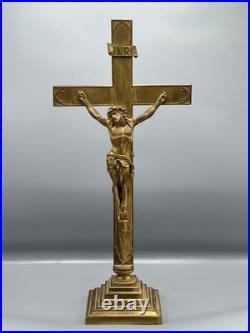 Antique Vintage Heavy Solid Brass Altar Cross Art Nouveau Religious Jesus 19