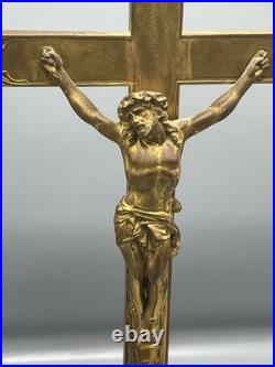 Antique Vintage Heavy Solid Brass Altar Cross Art Nouveau Religious Jesus 19