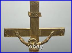 Antique Vintage Heavy Solid Brass Altar Cross Art Nouveau Religious Jesus 19