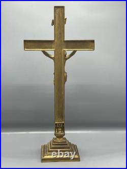 Antique Vintage Heavy Solid Brass Altar Cross Art Nouveau Religious Jesus 19