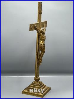 Antique Vintage Heavy Solid Brass Altar Cross Art Nouveau Religious Jesus 19
