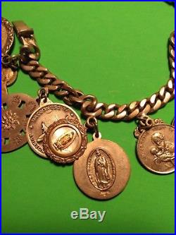 Antique Vintage Religious Catholic 13 Medals Charms Sterling Silver Bracelet 95G