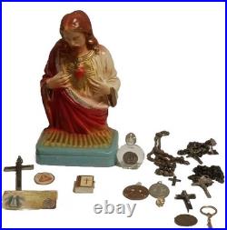 Antique & Vintage Religious Catholic Items Medals Crucfixes Rosaries &Display