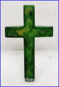 Antique Vintage Religious Icon Green Bakelite Cross Crucifix