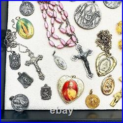 Antique Vintage Religious Jewelry Lot Medals Rosaries Cross Charms
