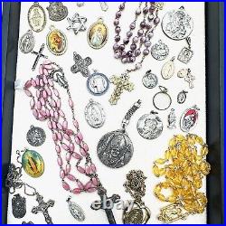 Antique Vintage Religious Jewelry Lot Medals Rosaries Cross Charms