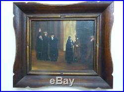 Antique/Vintage Signed Judaica Oil Painting, Rabbis in Heated Discussion 19x24cm