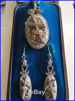 Antique Vintage Victorian Religious Silver Locket & Ear Rings In Original Box