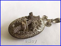 Antique Vintage Victorian Religious Silver Locket & Ear Rings In Original Box