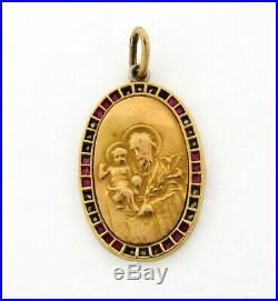 Antique Virgin Mary Baby Jesus Ruby Diamond 18K Yellow Gold Religious Pendant