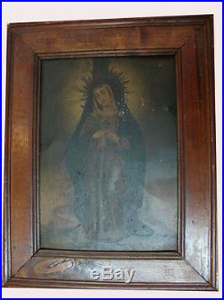 Antique Virgin Mary Painful Spanish school Ca 1800 oil on tin 11 x 8