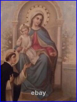 Antique Virgin Mary Religious Painting Rosary to Saint Dominic Catholic Church