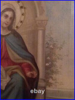 Antique Virgin Mary Religious Painting Rosary to Saint Dominic Catholic Church