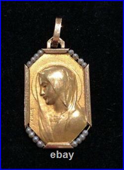 Antique Virgin Pendent Fine Pearls Gold 750 Religious Eagle's Head Medal 2,60grs