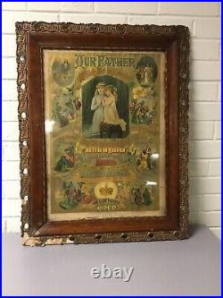 Antique Vtg Framed Religious Print The Lords Prayer C1894 Wood Gold Gilt Frame