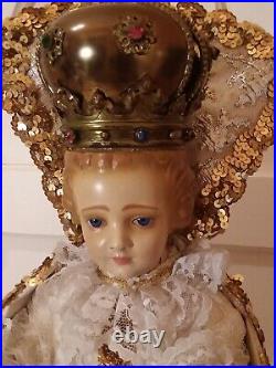 Antique Vtg Infant of Prague Jesus Catholic Church Religious Statue w Rare Crown