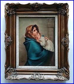 Antique Vtg Oil Painting Portrait Mary Holding Baby Jesus Religious Art Signed