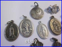 Antique Vtg Religious Pendant Medal Necklace Lot Nun Priest Creed Sterling +